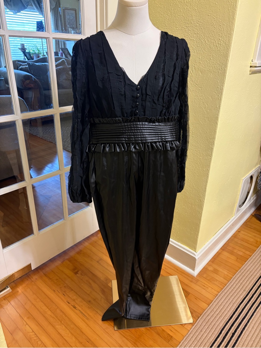 privy Black V-Neck Long Sleeve Jumpsuit with Textured Waistband